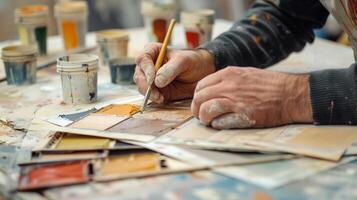 ein architektonisch Historiker untersucht archiviert Unterlagen und Fotografien zu bestimmen das historisch genau Farbe Palette zum ein restauriert Gebäude foto