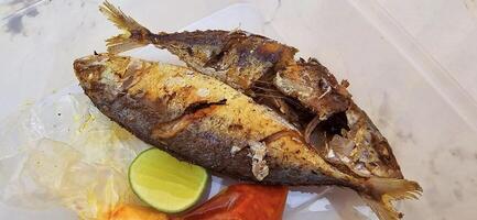 gebraten Makrele serviert mit trennen Chili Soße und Kalk, oder namens ikan kembung Goreng. ikan Banyar goreng mit Rica Sambal foto