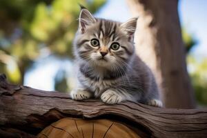 ein klein Kätzchen ist thront auf ein Baum Zweig, beobachten es ist Umfeld mit Neugierde und Verspieltheit. foto