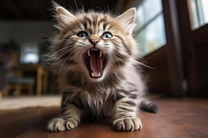 ein hungrig Kätzchen miaut laut während Sitzung auf das Boden. foto