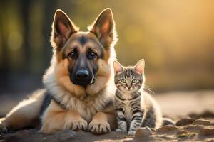 ein Hund und ein Katze Lüge auf das Boden Nächster zu jeder andere und sich ausruhen friedlich. Freundschaft zwischen Tiere. foto