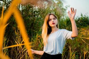 schön jung Mädchen tragen leer grau T-Shirt und schwarz Jeans posieren gegen hoch Grün und Gelb Gras im früh warm Herbst. draussen Porträt von schön weiblich Modell- foto