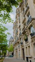 elegant Pariser Straße mit klassisch haussmann Gebäude und Knospung Frühling Bäume, Ideal zum Reise und echt Nachlass Themen foto