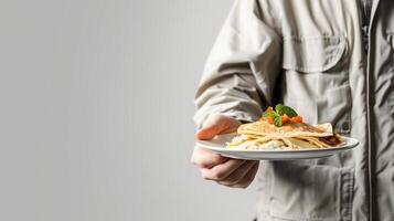 Person präsentieren ein Teller von Crepes garniert mit Frucht, Ideal zum kulinarisch Blogs, Fasching Dienstag Feierlichkeiten, und Frühstück Konzept Bilder foto