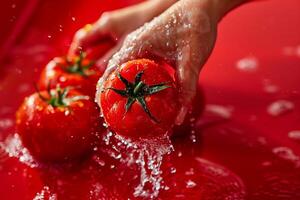 Waschen Erbstück Tomaten isoliert auf ein rot Gradient Hintergrund foto