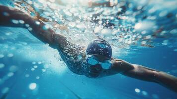 unter Wasser Aussicht von ein wettbewerbsfähig Schwimmer im Aktion während Ausbildung, konzeptionell verbunden zu das Sommer- Olympia und International Schwimmen Tag foto