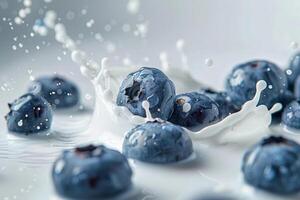 Blaubeere Spritzen im Milch, schließen oben mit Milch Tröpfchen, minimalistisch dynamisch Schuss foto