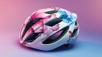 stilvoll Fahrrad Helm mit Blumen- Design, isoliert auf ein Gradient Hintergrund foto