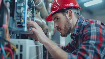 konzentriert männlich Techniker mit Bart tragen ein rot schwer Hut und Plaid Hemd Arbeiten auf industriell Maschinen, Konzept von Arbeit Tag und erfahren handelt foto