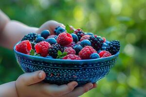 Kinder Hand erreichen zum ein Schüssel von bunt gemischt Beeren, verschwommen Grün draussen Hintergrund foto