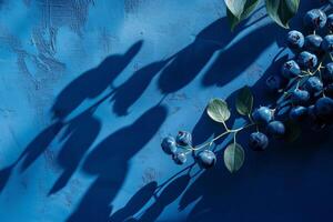 Blaubeere Schatten auf ein Gradient dunkel Blau Hintergrund, künstlerisch Minimalismus mit ein Platz für Text foto