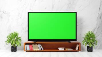 leer Grün Bildschirm Fernseher auf hölzern Tabelle im Leben Zimmer mit Weiß Wände. mit Fotokopieren Raum, Werbung Design, und Öffentlichkeit Beziehungen foto
