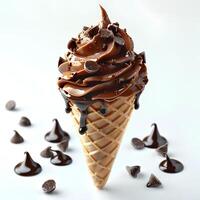 Schokolade Eis Sahne Kegel mit Schokolade Stücke und Sträusel isoliert auf Weiß Hintergrund. Schokolade Eis Sahne tropft foto