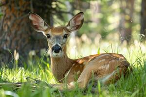 Tierwelt keuchend im das Schatten während Gipfel Hitze, ein Hirsch im ein Wald Clearing suchen betont foto