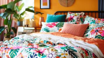 tropisch thematisch Schlafzimmer mit bunt Blumen- Bettwäsche und beschwingt Dekor, hervorrufen Sommer- und Entspannung im ein modern Zuhause Innere foto