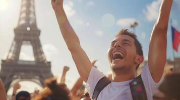 aufgeregt Zuschauer im ein Menge von das verschwommen Eiffel Turm Hintergrund foto