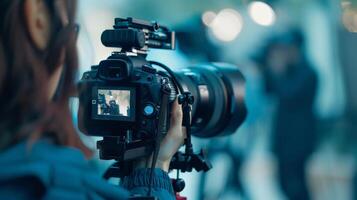 weiblich Videograf Filme mit ein Fachmann Kamera während ein kommerziell schießen, Erfassen hinter das Szenen von Medien Produktion, verbunden zu Welt Fernsehen Tag foto