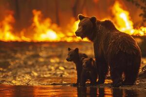 Bär und Jungen durch ein Fluss, suchen Zuflucht von das Hitze und Flammen, ergreifend Familie Moment foto