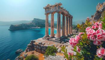 Ruinen von ein uralt griechisch Tempel. uralt römisch Forum Ruinen auf das Mittelmeer Meer. Tempel zu Gott Apollo. alt die Architektur auf das Meer mit Blau Himmel und Kristall klar Ozean foto