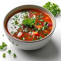 Tomate Suppe mit Basilikum im Schüssel isoliert auf Weiß Hintergrund mit Schatten. rot Tomate Gemüse Suppe im Schüssel foto