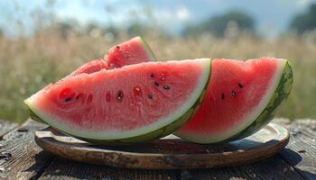 Wassermelone auf Platte. Wassermelone Scheiben auf ein Teller auf hölzern Tabelle während Sommer. Wassermelone Nahansicht wie erfrischend Essen foto