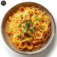Spaghetti mit Soße. Pasta mit Soße. Nudeln im Schüssel isoliert auf Weiß Hintergrund mit Schatten foto