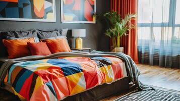 bunt modern Schlafzimmer Innere mit geometrisch gemustert Bettwäsche, abstrakt Mauer Kunst, und warm Beleuchtung, Ideal zum Zuhause Dekor und Lebensstil Konzepte foto