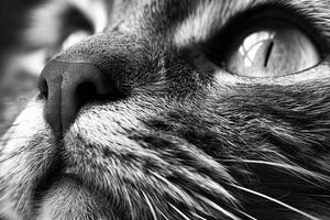 künstlerisch schwarz und Weiß Foto von ein Katzen Gesicht, betonen das elegant Eigenschaften und Geist von Katzen auf ihr Tag