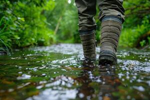 schließen oben von Angeln Stiefel Stehen im flach Strom Wasser, umgeben durch üppig Grün Vegetation foto