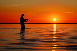 Silhouette von ein Fischer beim Sonnenuntergang, Gießen ein lange Linie in das glühend Wasser foto