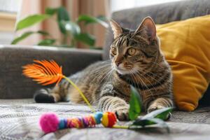 Katze spielen mit ein Katze Tag thematisch Spielzeug, beschwingt und lebhaft Aktion Schuss im ein Leben Zimmer foto