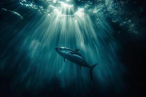 Silhouette von ein Thunfisch Fisch umrissen gegen das Sonnenlicht eindringen das Ozean Oberfläche, ätherisch und mysteriös foto