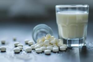 schließen oben von Laktose Enzym Tabletten Nächster zu ein Glas von Milch, Gesundheit Pflege Lösung zum Laktose Intoleranz foto
