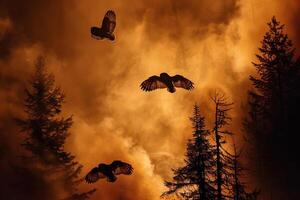 Eulen im ein Rauch gefüllt Nacht Himmel, fliegend niedrig und desorientiert durch das heftig Wald Feuer foto