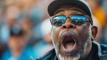 afrikanisch amerikanisch Mann im Sonnenbrille schreien leidenschaftlich beim ein Öffentlichkeit Fall, verkörpern Konzepte von Protest, Aktivismus, oder Sport Fangemeinde foto