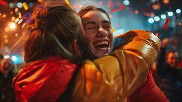 zwei froh Frauen Umarmen beim ein draussen Nachtzeit Feier mit hell Beleuchtung und fliegend Konfetti, abbilden Freundschaft und Neu Jahre Vorabend Fest foto