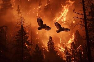 Eulen im ein Rauch gefüllt Nacht Himmel, fliegend niedrig und desorientiert durch das heftig Wald Feuer foto