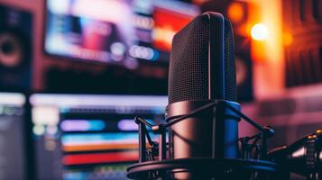 Fachmann Kondensator Mikrofon mit Pop Filter im ein Schallschutz Aufzeichnung Studio, verbunden zu Podcasting, Musik- Produktion, und Welt Radio Tag foto