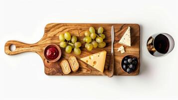 Wein Verkostung Konfiguration mit Käse Planke, isoliert auf Weiß Hintergrund, oben Aussicht foto