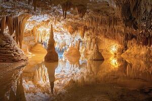 groß schön Scharf Stalaktiten hängend Nieder von tief Berg Höhle foto