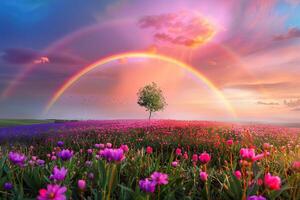 schön still Landschaft mit magisch hell Regenbogen beim wolkig Himmel foto