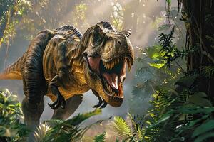 groß unheimlich hungrig Dinosaurier mit nett Augen und Scharf Zähne zerstören Park foto