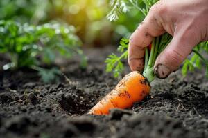 Hand ziehen ein frisch Karotte von Boden, Schmutz Partikel sichtbar, Garten Rahmen foto