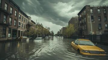 überflutet städtisch Straße mit verlassen Autos, stürmisch Himmel Overhead foto