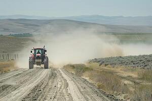 Traktor Verlassen Staub Wolken im es ist aufwachen, Fertigstellung oben das Tage Arbeit im ein Hitze betroffen Feld foto