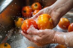 Hände Waschen staubig Erbstück Tomaten im ein Stahl Waschbecken, Bauernhof zu Tabelle Konzept foto