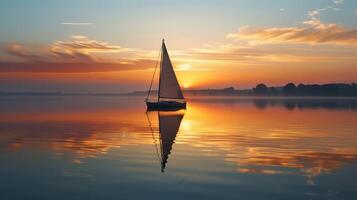 Single Segelboot auf ein heiter See beim Sonnenaufgang, Reflexionen im das Ruhe Wasser foto