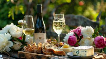 perfekt Foto, Lager Stil Foto friedlich draussen Mahlzeit im ein duftend Pfingstrose Garten, mit Wein, brot, und Käse auf ein rustikal hölzern Tablett
