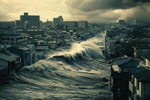 unheimlich Tsunami mit enorm schaumig Welle, apokalyptisch dramatisch Hintergrund foto