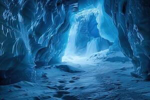 Eingang zu Blau Eis Höhle bedeckt mit Weiß Schnee Innerhalb ein enorm Gletscher foto